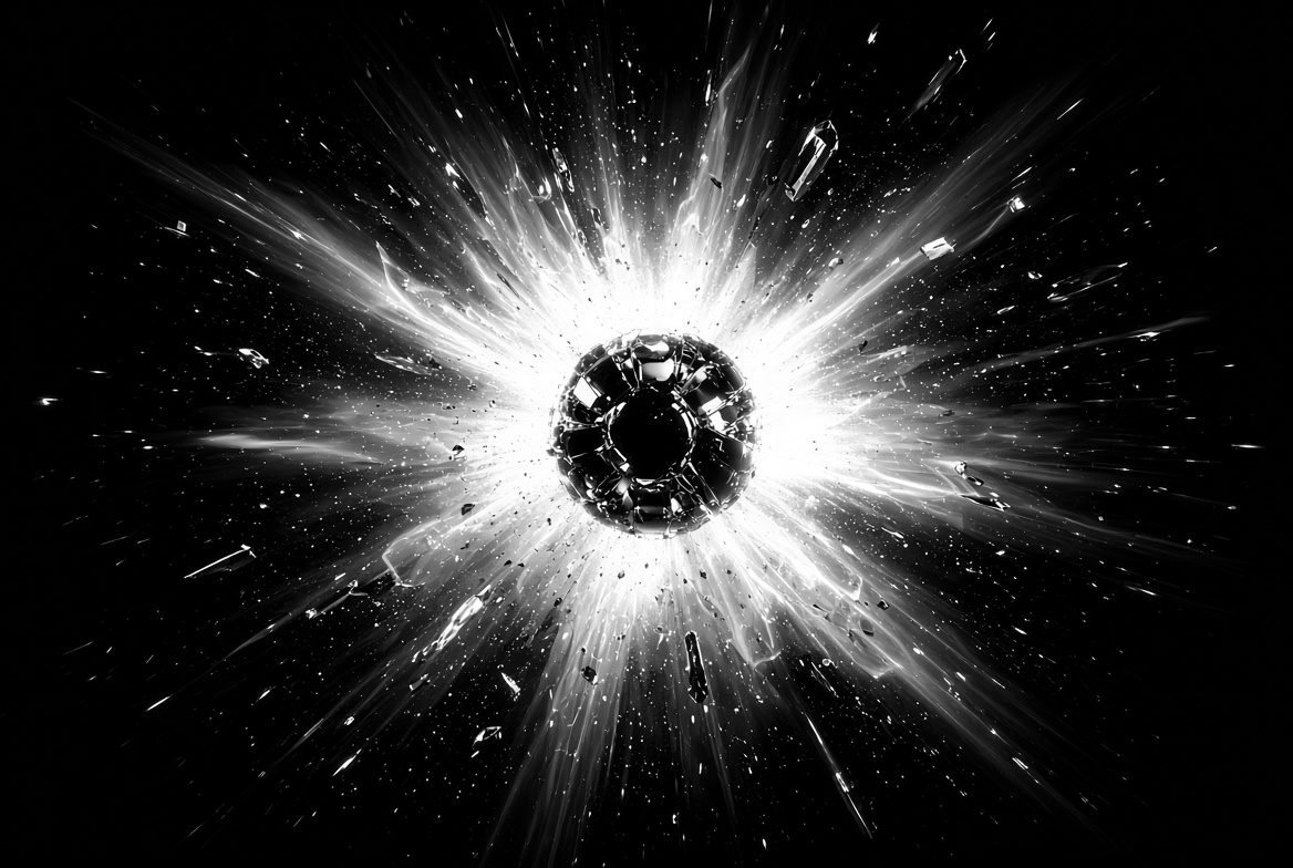 Dark angular mass at the centre of an explosive white radial burst, motion at full unreduced intensity