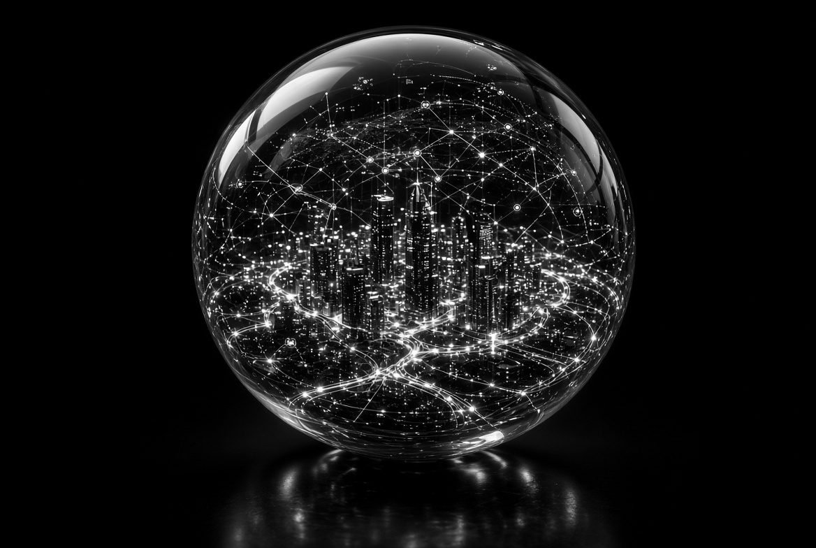 Glass sphere holding a miniature illuminated city, a whole world produced by one fragment shader