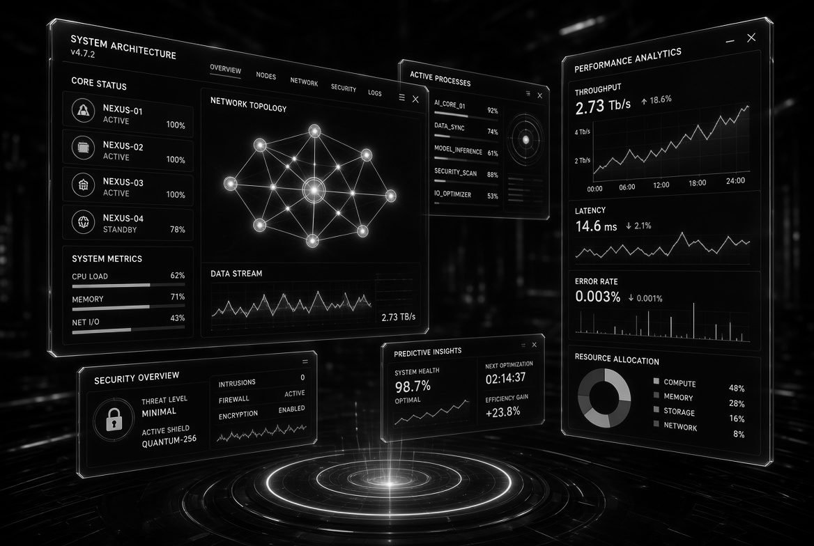 Array of dark translucent interface panels showing network topology, metrics and status tiles