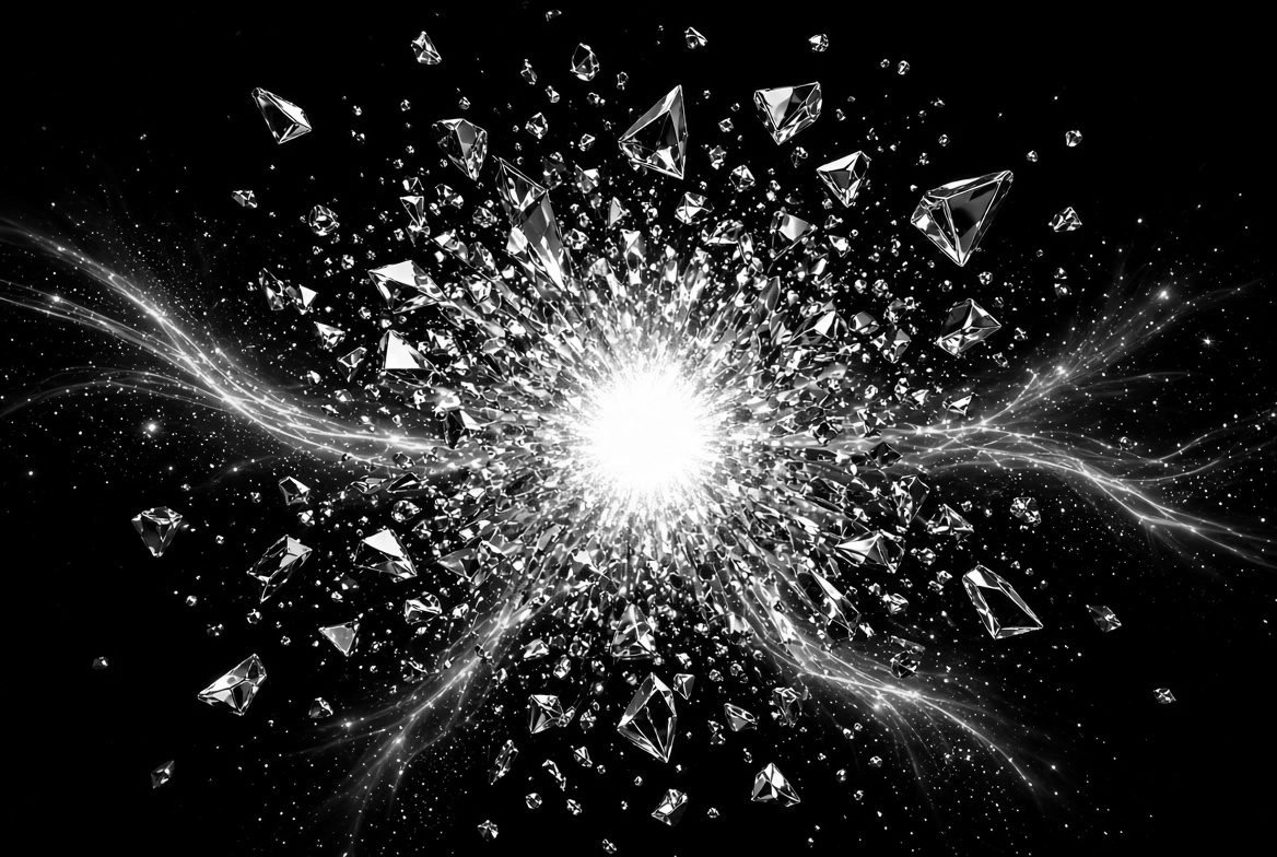 Brilliant white burst throwing cyan shards outward against black, the moment a build goes live