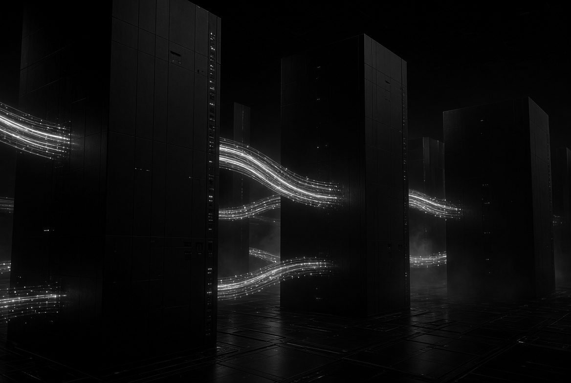 Dark server hall with ribbons of cyan light running between the racks, content delivered from the edge