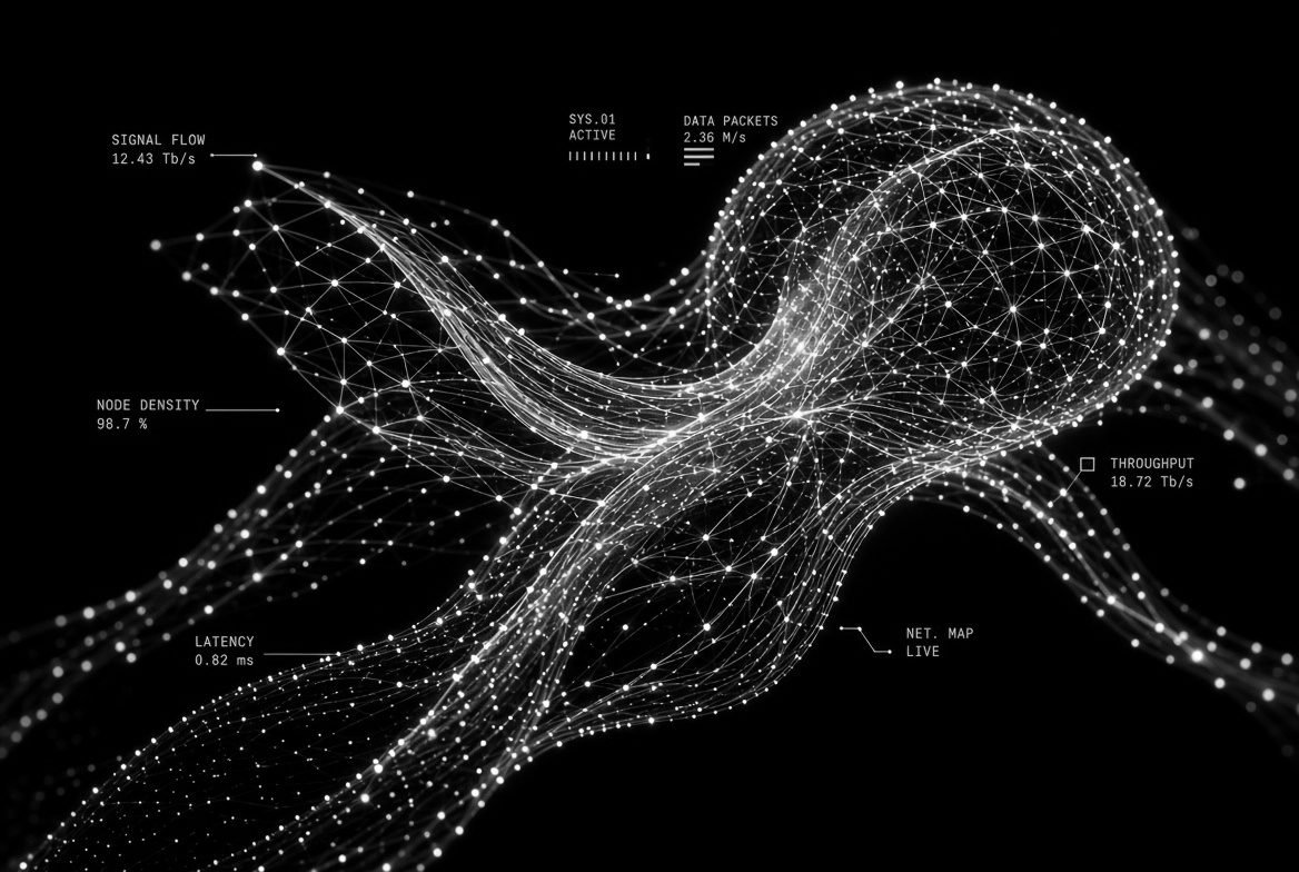 Sprawling cyan point-cloud mesh annotated with latency and throughput labels, node density at scale