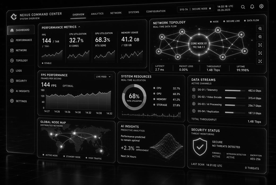 Dense operations console combining a topology map, time-series charts and status tiles in one view