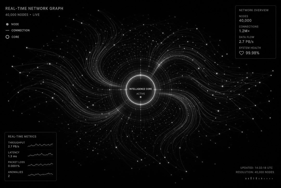 Observability dashboard showing a live cyan dependency graph of 40,000 service nodes beside realtime metrics