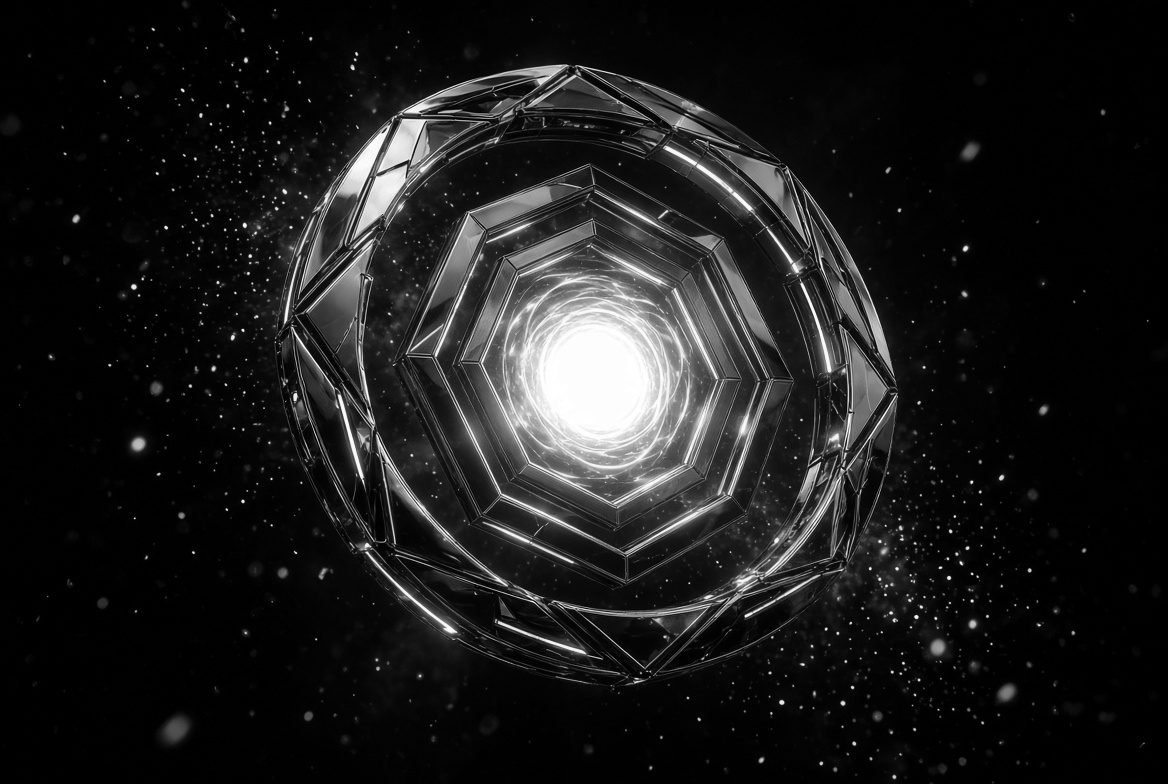 Faceted spherical shell glowing cyan from a bright interior core, a whole composed from many small facets