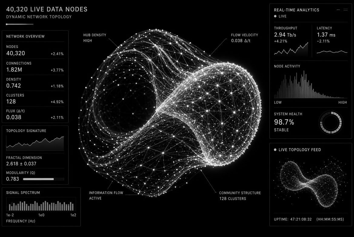 Cyan wireframe torus knot beside panels of live performance metrics, geometry measured against a frame budget