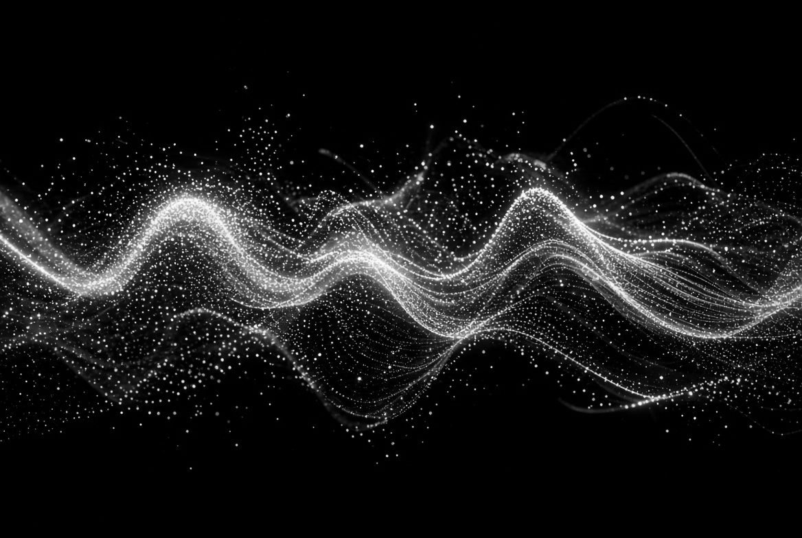 Two cyan particle waves interleaving across black, scroll position mapped directly to animation progress