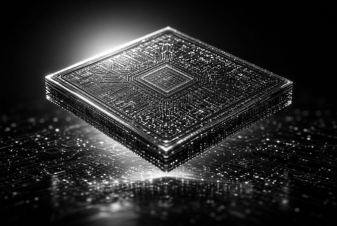 Silicon chip carrier etched with fine circuitry on a reflective surface, type constraints etched into a system
