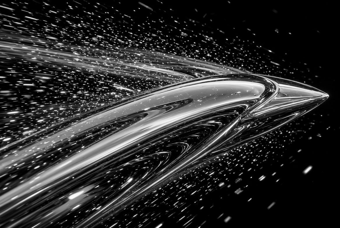 Brushed chrome form streaking through dark space, treating speed as a material quality for a storefront