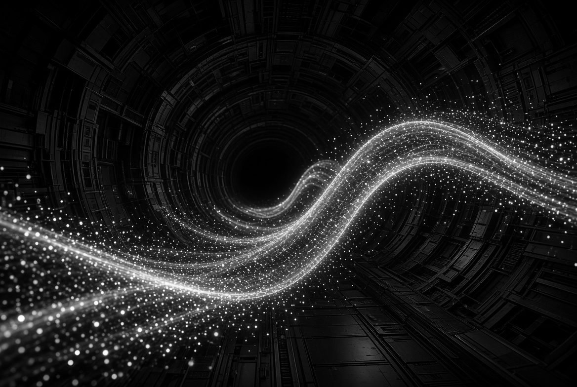 Cyan particle stream curving through a dark tunnel of light, a product catalogue as a continuous stream