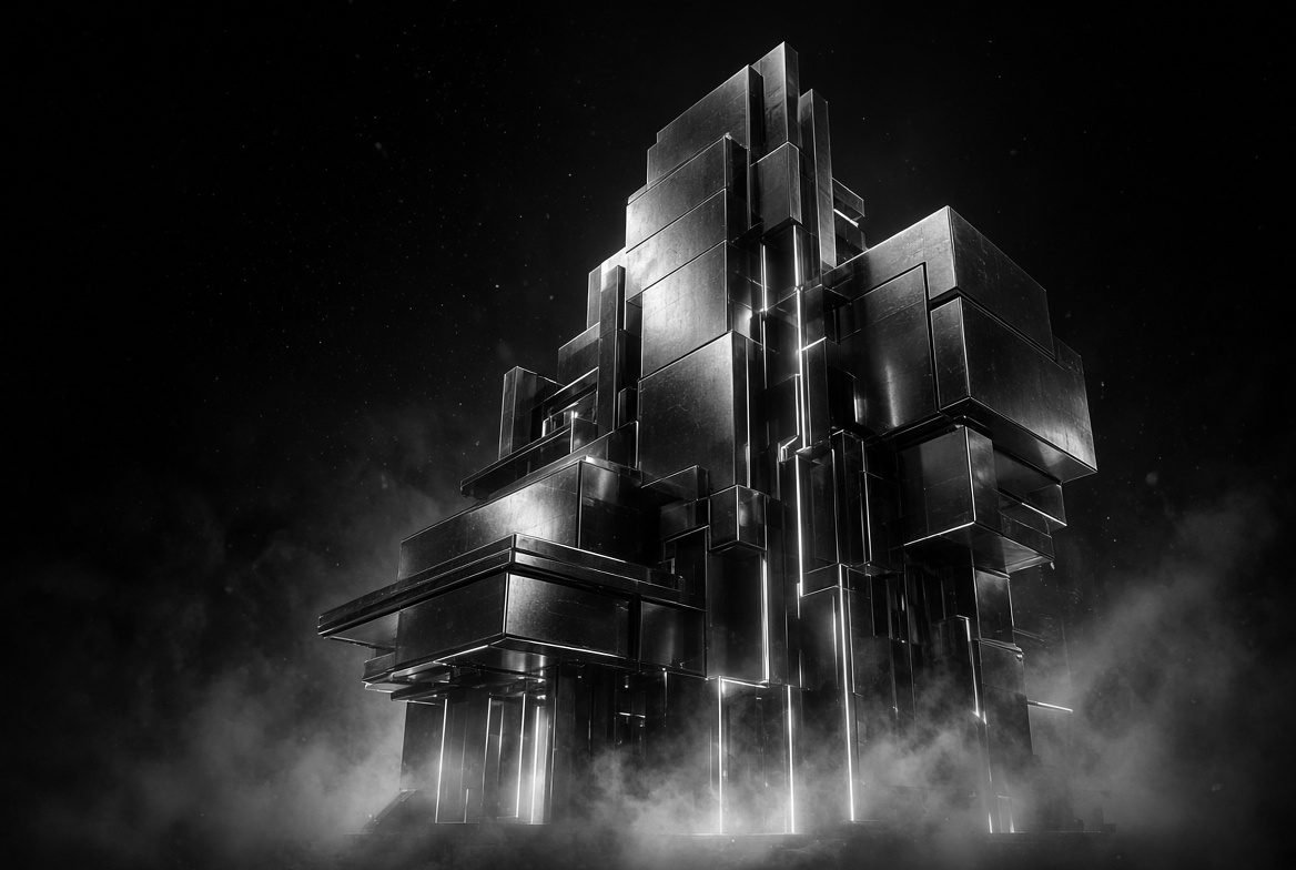 Monumental dark architectural mass rising out of low fog, structure established before ornament