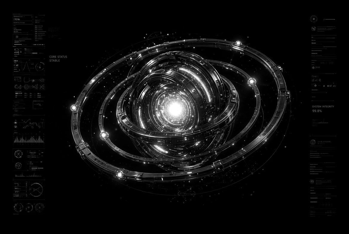 Concentric orbital rings around a bright blue core with HUD readouts, services orbiting one practice