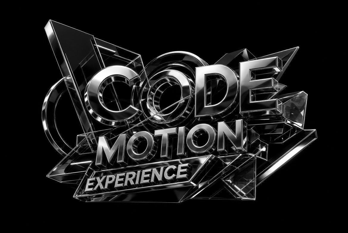 The words CODE MOTION EXPERIENCE built as faceted glass three-dimensional letterforms, type as objects